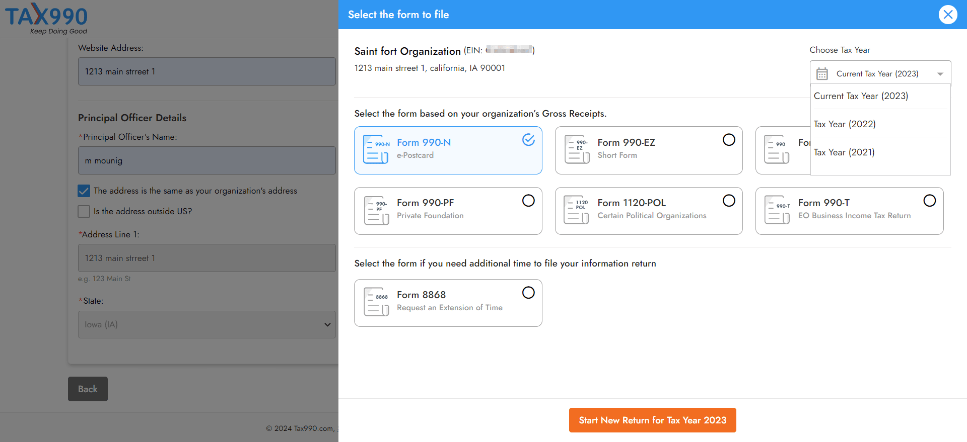 Choose Tax Year